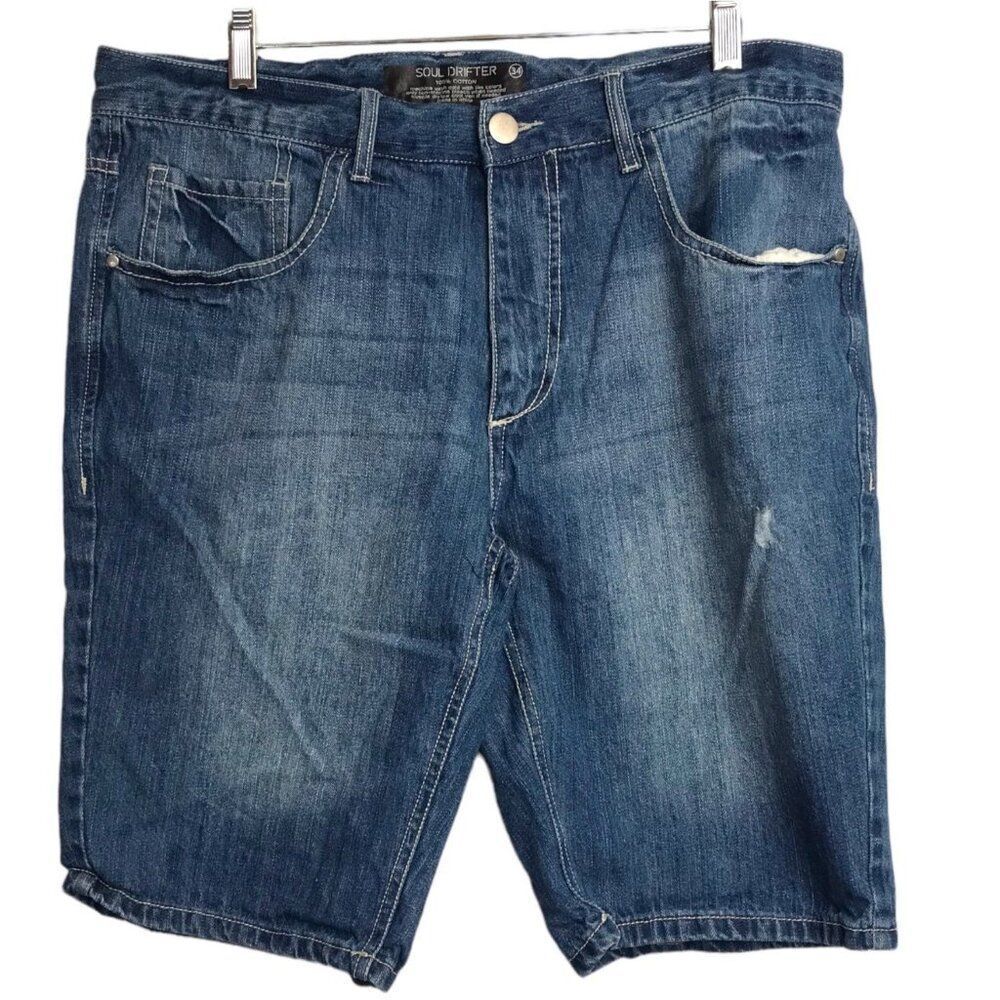 SOUL DRIFTER Denim Jean Shorts 34 Med Wash Blue 100% Cotton Bermuda Long